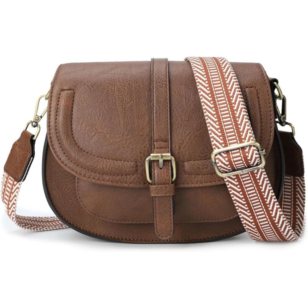 Women Dark Brown Guitar Strap Imported Vegan Leather Small Saddle Crossbody Bags